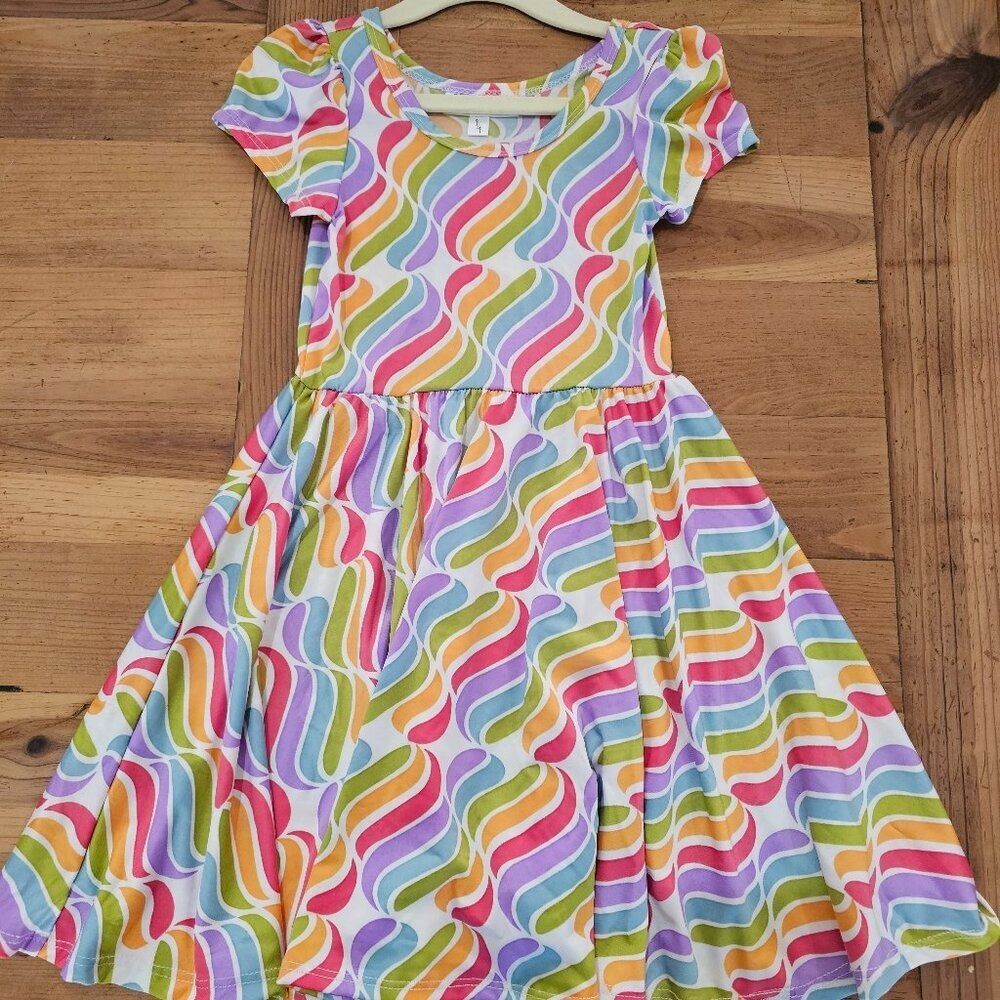 DDS Dot Dot Smile SZ 3/4 Kids Cap Sleeve Dress Rainbow Swing Flowy Twirl Multi